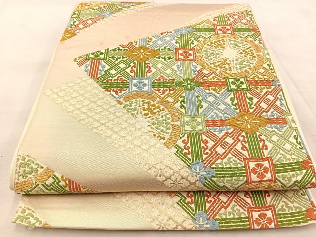 平和屋着物◎六通柄 本袋帯 唐織 幾何学花菱文 金糸 正絹 逸品 BAAU9535yc