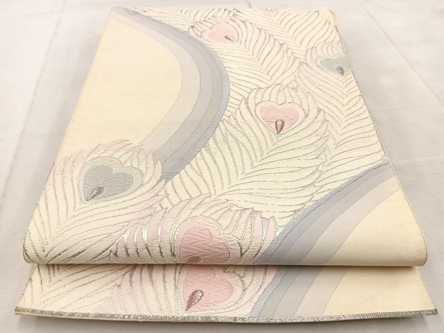 平和屋着物◎六通柄袋帯 唐織 孔雀羽文 銀糸 正絹 逸品 BAAU9537yc