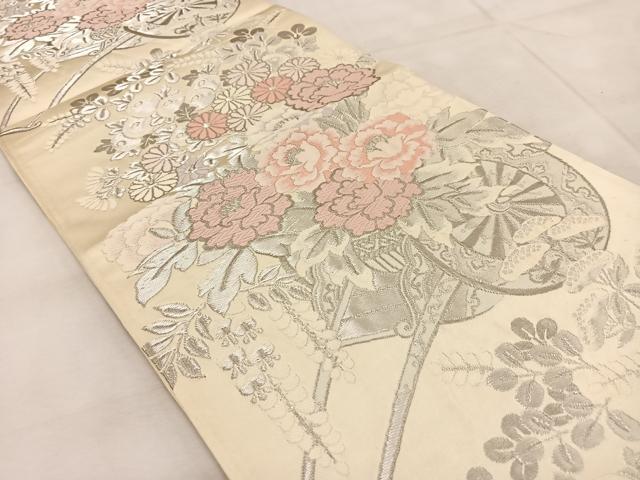 平和屋着物◎西陣 服部織物謹製 六通柄袋帯 白鳥緞子 花車文 銀糸 正絹 逸品 BAAU9547yc