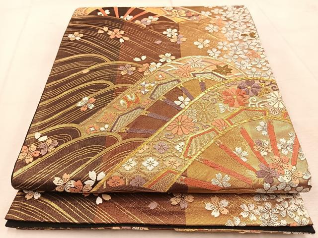 平和屋着物◎六通柄袋帯 唐織 吉祥片輪車花文 金銀糸 正絹 逸品 BAAU9555yc