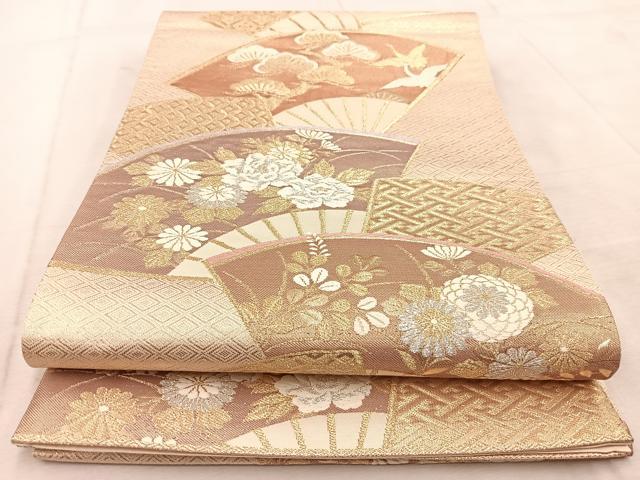 平和屋着物◎六通柄袋帯 唐織 扇面花鳥文 金銀糸 正絹 逸品 BAAU9617yc