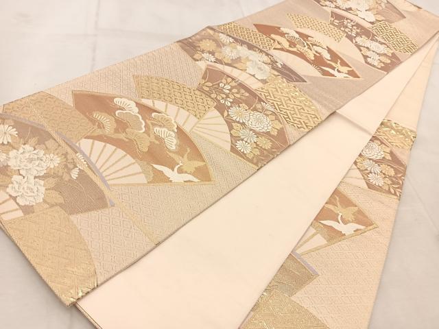 平和屋着物◎六通柄袋帯 唐織 扇面花鳥文 金銀糸 正絹 逸品 BAAU9617yc