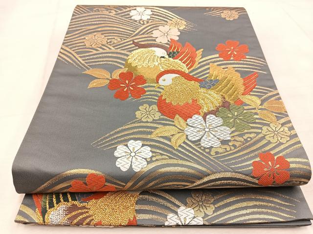平和屋着物◎六通柄袋帯 唐織 立波花鳥文 金銀糸 正絹 逸品 BAAU9634yc