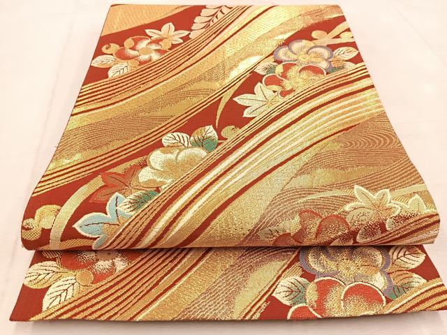 平和屋着物◎六通柄袋帯 唐織 流水草花文 金糸 正絹 逸品 BAAU9643yc