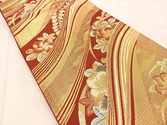 平和屋着物◎六通柄袋帯 唐織 流水草花文 金糸 正絹 逸品 BAAU9643yc