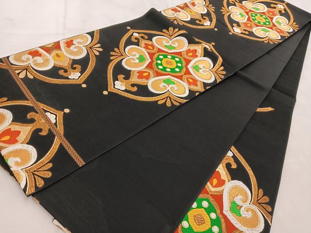 平和屋着物◎六通柄袋帯 唐織 正倉院花文 黒地 金糸 正絹 逸品 BAAU9690yc