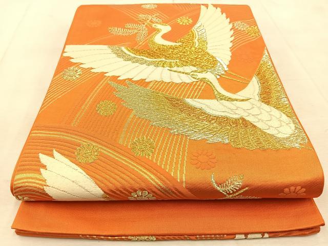 平和屋着物◎西陣 六通柄袋帯 唐織 立波飛鶴花文 金糸 正絹 逸品 BAAU9732yc