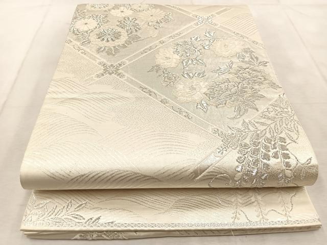 平和屋着物◎六通柄袋帯 唐織 菱天井花文 美保姿 銀糸 正絹 逸品 BAAU9743yc