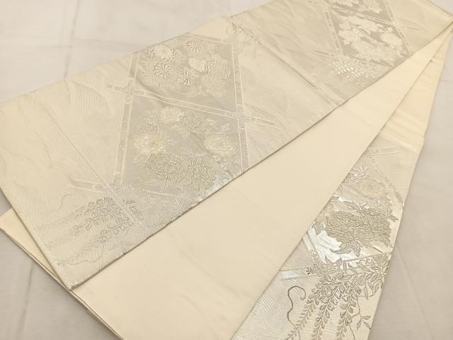 平和屋着物◎六通柄袋帯 唐織 菱天井花文 美保姿 銀糸 正絹 逸品 BAAU9743yc