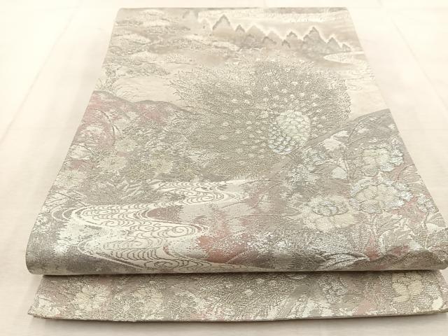 平和屋着物◎六通柄袋帯 孔雀風景文 彩京錦 プラチナ箔二重引 金銀糸 正絹 逸品 BAAU9771yc
