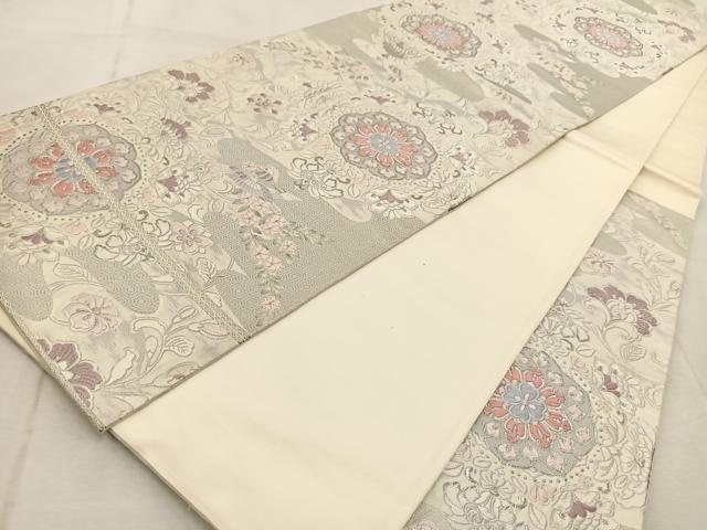 平和屋着物◎六通柄袋帯 唐織 花喰い鳥正倉院花文 銀糸 正絹 逸品 BAAU9819yc