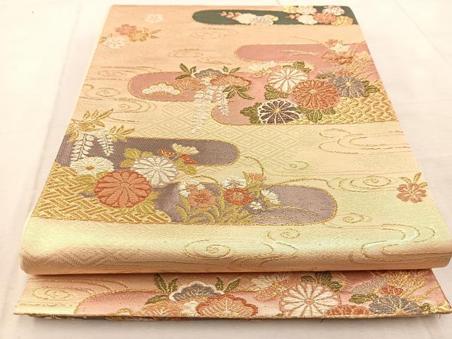 平和屋着物◎六通柄袋帯 エ霞花文 金糸 正絹 逸品 BAAU9872yc