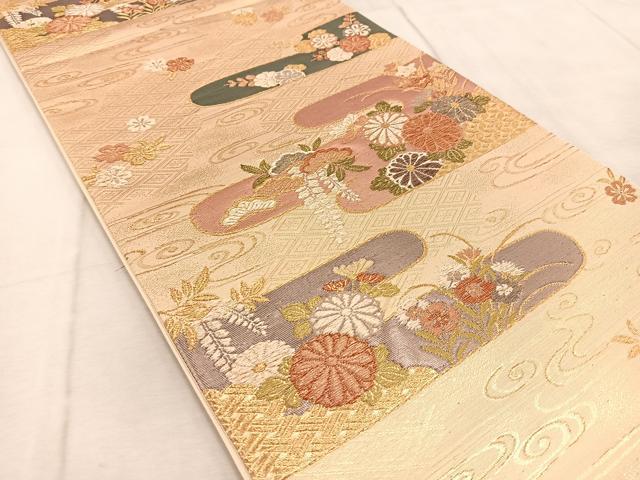 平和屋着物◎六通柄袋帯 エ霞花文 金糸 正絹 逸品 BAAU9872yc