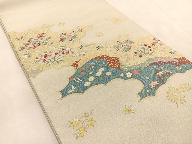 平和屋着物◎太鼓柄袋帯 綴れ 立波花蝶文 金銀糸 正絹 逸品 BAAU9887yc