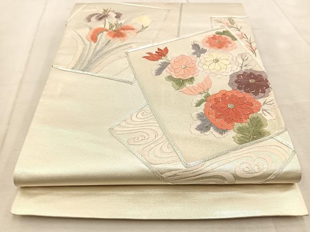 平和屋着物◎太鼓柄袋帯 銀駒刺繍 総刺繍 色紙重ね花文 銀糸 正絹 逸品 未使用 BAAU9890yc