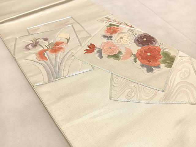 平和屋着物◎太鼓柄袋帯 銀駒刺繍 総刺繍 色紙重ね花文 銀糸 正絹 逸品 未使用 BAAU9890yc