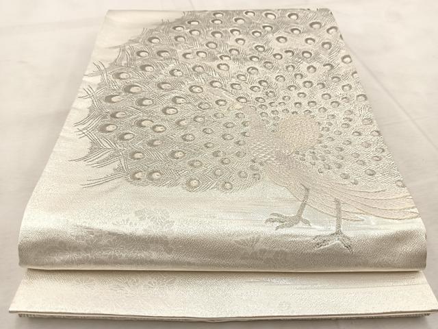 平和屋着物◎太鼓柄袋帯 唐織 雄麗四季孔雀文 銀糸 正絹 逸品 BAAU9927yc