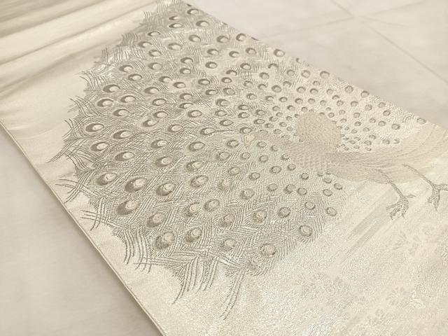 平和屋着物◎太鼓柄袋帯 唐織 雄麗四季孔雀文 銀糸 正絹 逸品 BAAU9927yc