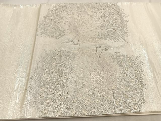 平和屋着物◎太鼓柄袋帯 唐織 雄麗四季孔雀文 銀糸 正絹 逸品 BAAU9927yc