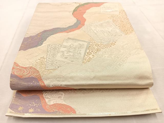 平和屋着物◎六通柄袋帯 百人一首 金銀糸 正絹 逸品 BAAU9952yc