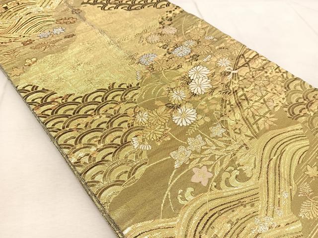 平和屋着物◎佐賀錦 両面 六通柄袋帯 吉祥秋草文 金糸 正絹 逸品 BAAU9964yc