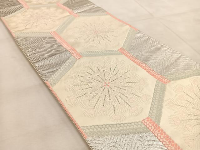 平和屋着物◎六通柄袋帯 唐織 亀甲孔雀羽花文 銀糸 正絹 逸品 BAAU9984yc