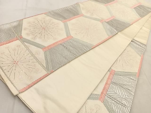 平和屋着物◎六通柄袋帯 唐織 亀甲孔雀羽花文 銀糸 正絹 逸品 BAAU9984yc