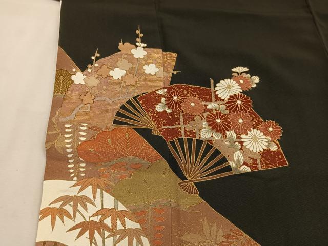 平和屋着物■豪華黒留袖 駒刺繍 扇面花文 金彩 正絹 逸品 BAAV1291mz