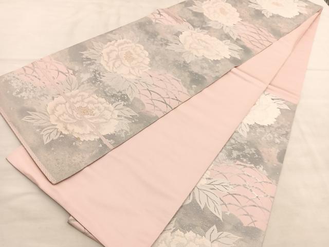 平和屋着物◎西陣 服部織物謹製 六通柄袋帯 牡丹 こはく錦 手工芸 金銀糸 正絹 逸品 BAAV1491hv
