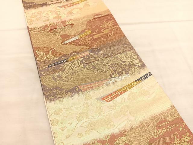 平和屋着物◎六通柄袋帯 唐織 扇飛鶴松桐文 プラチナ二重織 正絹 逸品 BAAV1522hv