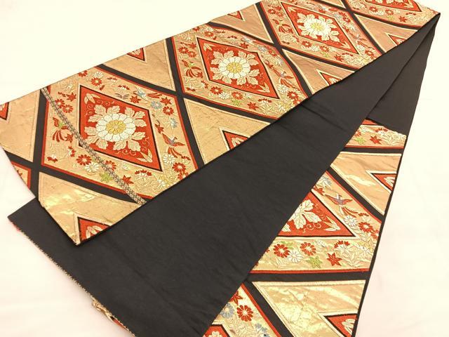 平和屋着物◎六通柄袋帯 唐織 都緞子 花菱文 黒地 金糸 正絹 逸品 BAAV1530hv