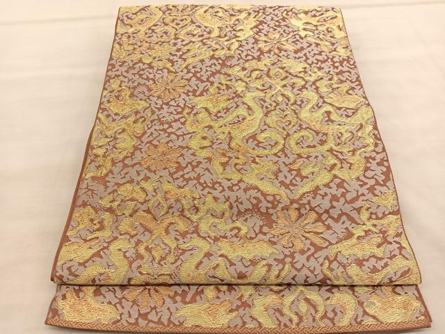 平和屋着物◎六通柄 本袋帯 向かい鳥花文 金糸 正絹 逸品 BAAV1534hv