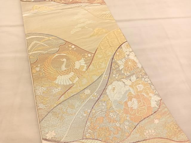 平和屋着物◎六通柄袋帯 唐織 重山鶴花文 金銀糸 正絹 逸品 BAAV1615hv