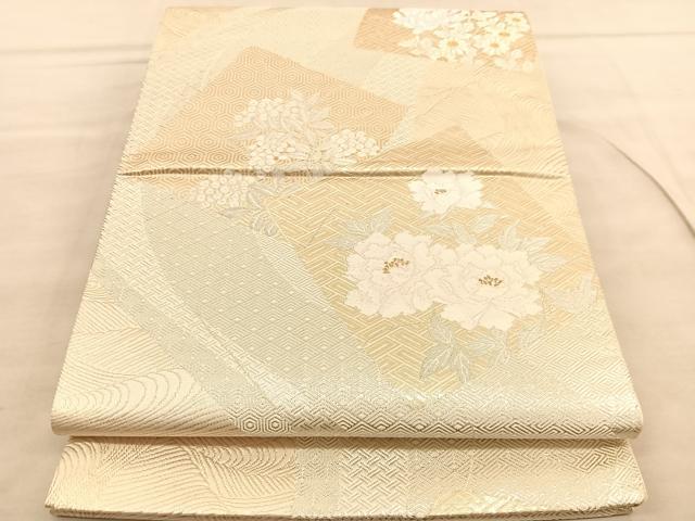 平和屋着物◎六通柄袋帯 色紙牡丹南天文 金銀糸 正絹 逸品 BAAV1616hv