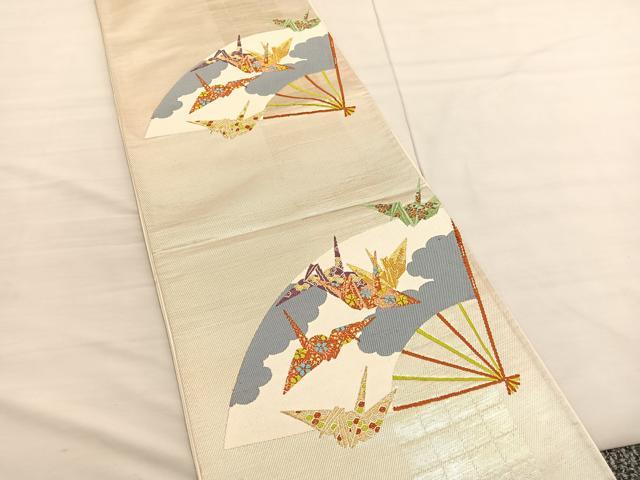 平和屋着物◎六通柄袋帯 唐織 折り鶴扇面文 金糸 正絹 逸品 BAAV1689hv