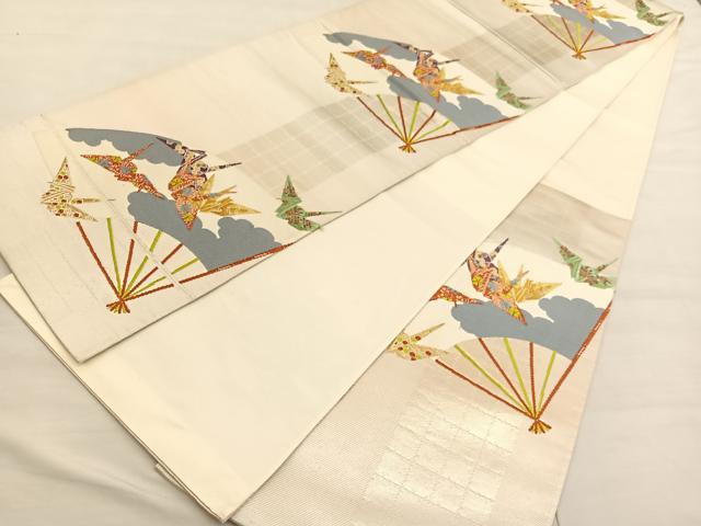 平和屋着物◎六通柄袋帯 唐織 折り鶴扇面文 金糸 正絹 逸品 BAAV1689hv