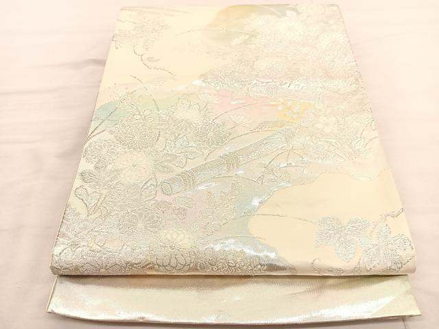 平和屋着物◎西陣 六通柄袋帯 横笛秋草文 銀糸 証紙付き 正絹 逸品 BAAV1732hv