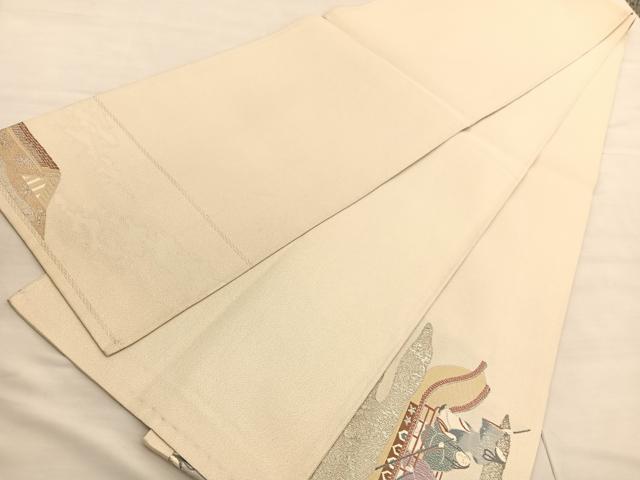 平和屋着物◎太鼓柄袋帯 渡船人物風景文 銀糸 正絹 逸品 BAAV1753hv