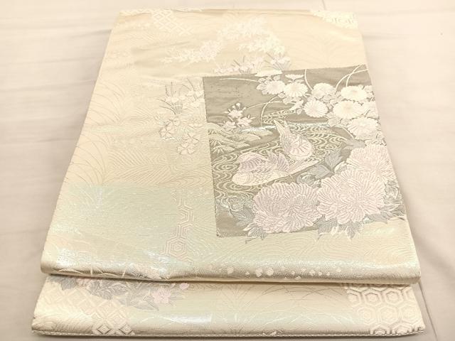 平和屋着物◎六通柄袋帯 唐織 鴛鴦花文 プラチナ箔 正絹 逸品 未使用 BAAV1755hv
