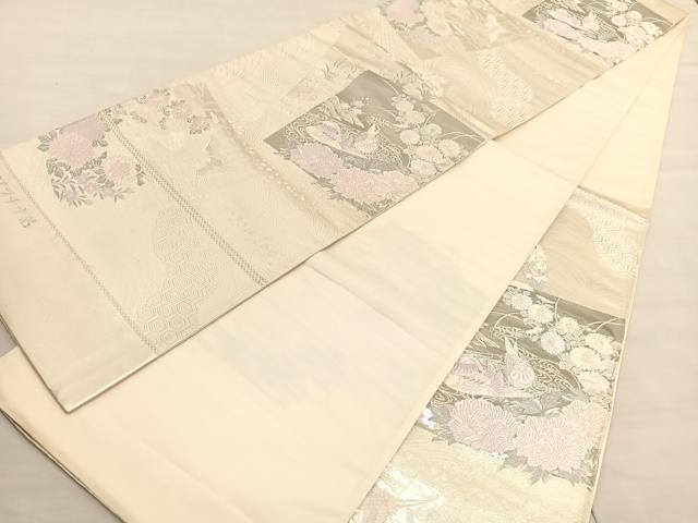 平和屋着物◎六通柄袋帯 唐織 鴛鴦花文 プラチナ箔 正絹 逸品 未使用 BAAV1755hv