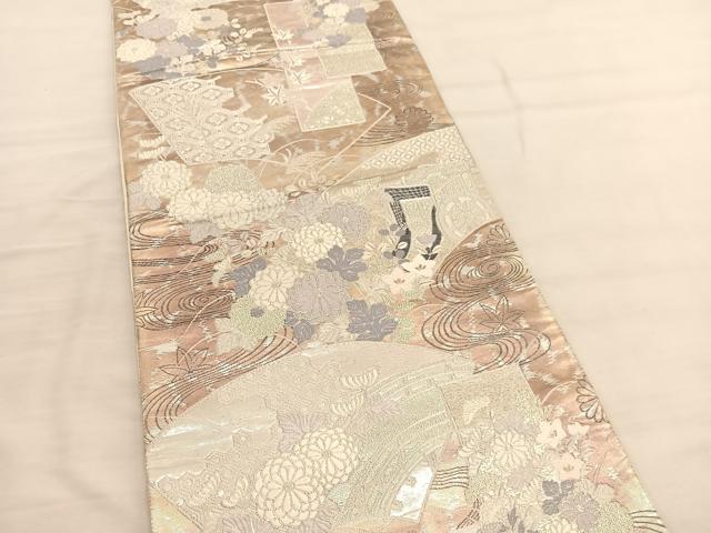 平和屋着物◎六通柄袋帯 唐織 扇面色紙に草花文 金銀糸 正絹 逸品 BAAV1805hv