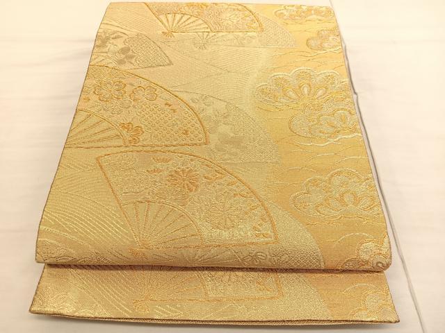 平和屋着物◎六通柄袋帯 扇面花文 金糸 正絹 逸品 BAAV1809hv