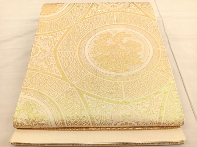 平和屋着物◎六通柄袋帯 花絵皿文 金糸 正絹 逸品 BAAV1818hv