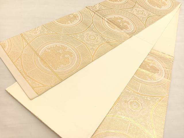 平和屋着物◎六通柄袋帯 花絵皿文 金糸 正絹 逸品 BAAV1818hv