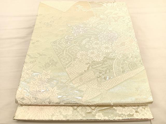 平和屋着物◎両面 六通柄袋帯 唐織 色紙華草文 銀糸 正絹 逸品 BAAV1829hv