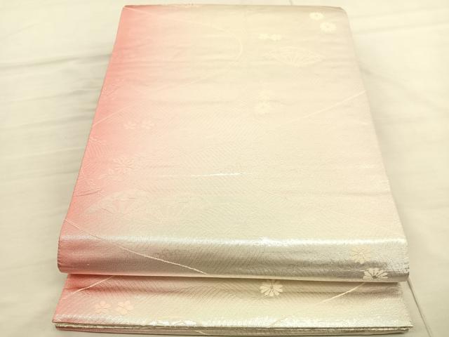 平和屋着物◎両面 六通柄袋帯 唐織 色紙華草文 銀糸 正絹 逸品 BAAV1829hv