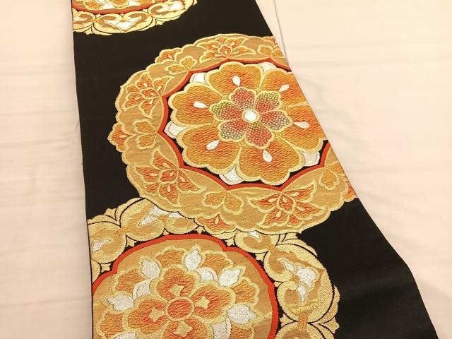 平和屋着物◎六通柄袋帯 唐織 宝相華 黒地 金銀糸 正絹 逸品 BAAV1832hv