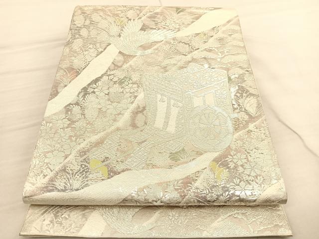平和屋着物◎六通柄袋帯 御所車花鳥文 銀糸 正絹 逸品 BAAV1846hv