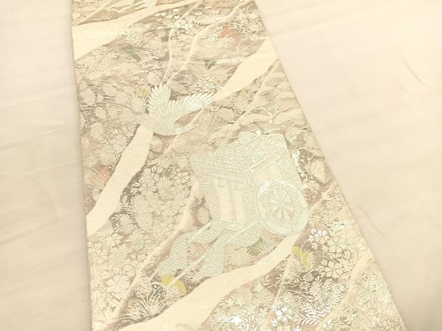 平和屋着物◎六通柄袋帯 御所車花鳥文 銀糸 正絹 逸品 BAAV1846hv