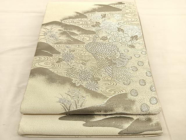 平和屋着物◎太鼓柄袋帯 綴れ 孔雀流水花文 プラチナ箔 正絹 逸品 未使用 BAAV1854hv